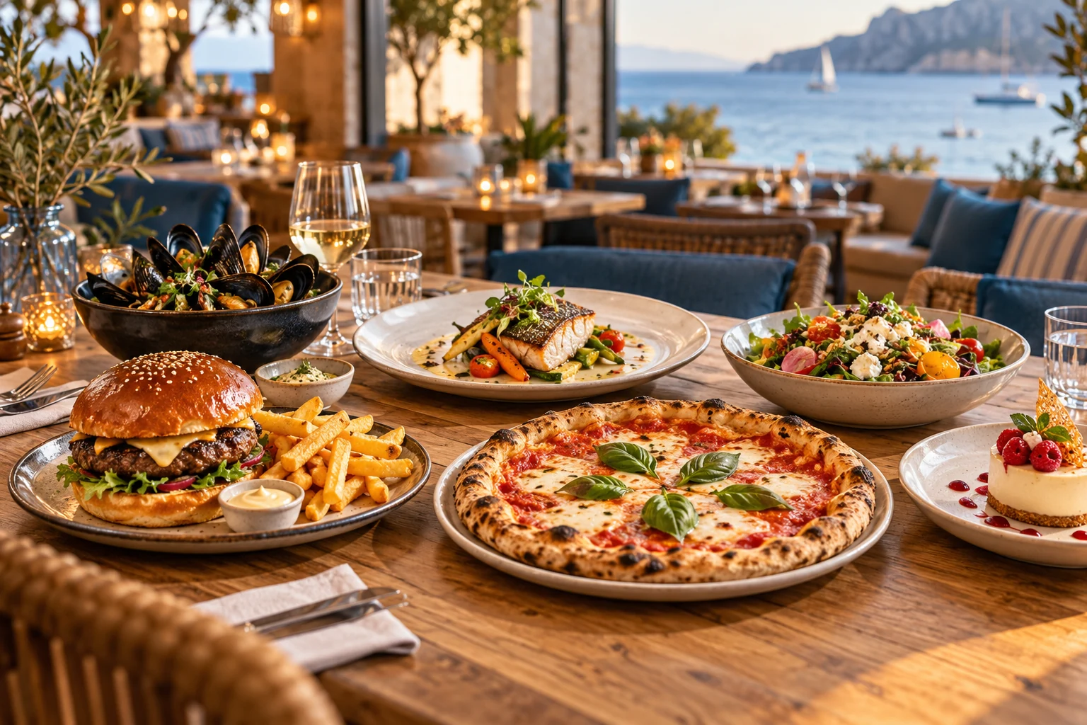 Food illustration: pizza, burger, mussels, fish, salad and dessert to share